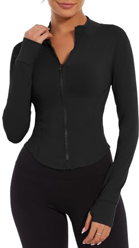 Yutdeng Veste de Sport pour Femme Veste de Course Zippé à Manches Longues Veste de Yoga Sweat Court avec Trous pour les Pouces Coupe Slim Respirante Léger Fitness Jogging Haut Tops,Noir,XL