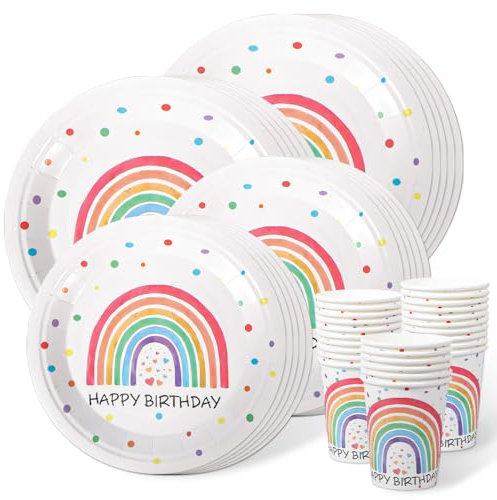 Kaseryao Regenbogen Deko Kindergeburtstag, Regenbogen Partygeschirr Pappgeschirr Set, Pappbecher, Pappteller Geburtstag, Tischdeko Geburtstag für 20 Personen