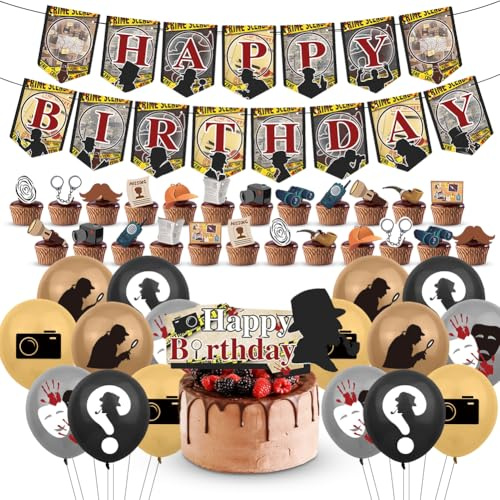 Fouvin Detective Party Pack (32 stycken) - Detective Födelsedagsdekorationer, 1920 stycken, Brottsbekämpning, Tillbehör, Banderoll, Cupcake-Dekoration, Födelsedagsdekorationer, 3-60 år