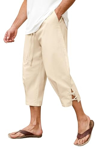 Vijamiy Short 3/4 en Lin pour Homme Pantacourt été Baggy être en Jachère Short de Plage Cordon élastique à la Taille Lin Homme Bermuda avec Poches(Kaki,L)
