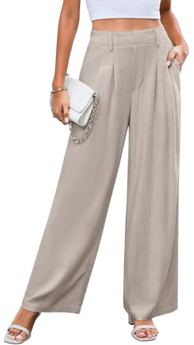 Svanco Pantalon À Jambe Large en Lin pour Femme avec Plis sur Le Devant, Pantalon D'été Décontracté À Taille Haute Élastiquée avec Poches