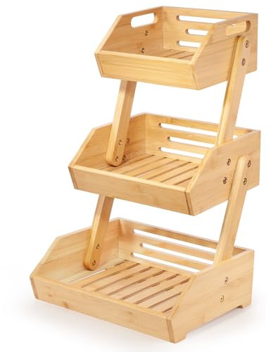 woodluv Storage Basket 3 Tier, Fruit Vegetable Rack, Display Rack, Organiser for Home, Kitchen or Office, Spice Jar Holder, Storage Rack, Fruit Stand for Kitchen, Bathroom Storage, Natural