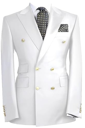 FOLOBE Costume classique à double boutonnage pour homme - Manteau de loisirs - Revers en pointe - Blazer formel - Pour mariage, bal de fin d'année, dîner, blanc, L