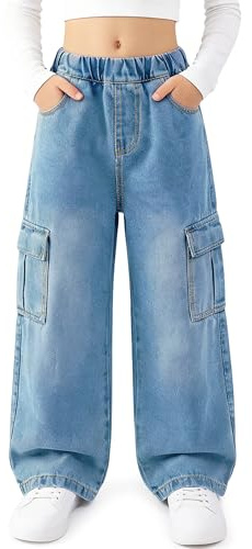 Keyck Vaqueros Cargo Niña Baggy Denim Jeans Pantalones 7-8 Años, Azul Claro