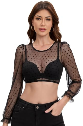 Trachtland Blusa Dirndl para Mujer de Manga Larga, Estilo Tradicional Oktoberfest Transparente, con Cuello Redondo, Botones y Lunares Negros Talla 34-44