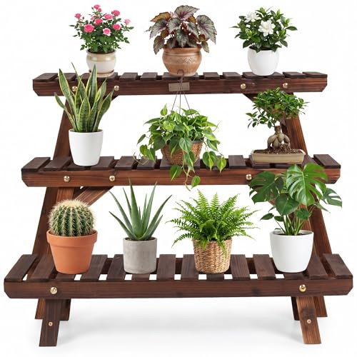 GYMAX Estante de 3 niveles para flores, soporte combinable para exteriores, de madera de abeto con diseño de listones, estante multicapa para macetas, ideal para jardín, patio y balcón
