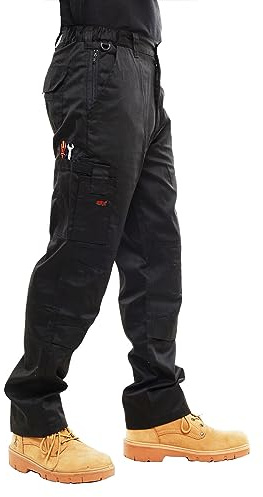 BKS Mens Combat Cargo Work Trousers Size 30 to 52 with Knee PAD Pockets (36 REG, Black)