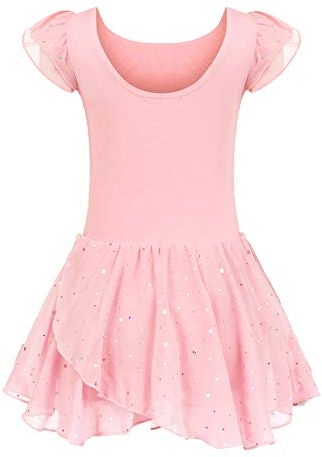 trudge Kinder Ballettkleidung Ballettkleid Mädchen Kurzarm Baumwolle Balletttrikot Ballettanzug Tanzkleid Tanzbody mit Rock Tütü, 130, Rosa