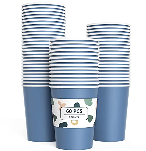 YANGTE 60 Pieces Blue Paper Cups Disposable Party Cups Biodegradable and Compostable Drinking Cups for Party, Birthday Supplies, DIY - 9 Ounce - 250ml