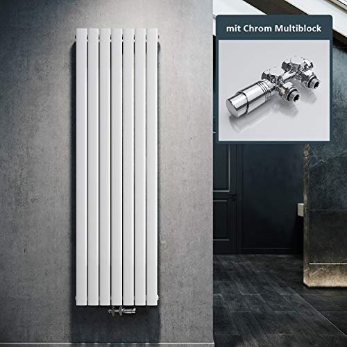 ELEGANT Radiateur au design plat vertical, blanc, 1800 x 539 mm, avec multibloc chromé, thermostat, monocouche, raccord central