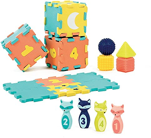 LUDI - Coffret D'Activités - Jouets D'Éveil Bébé - Dès 10 Mois - Développe La Réflexion, Le Toucher, La Motricité & La Découverte - Quilles + Balle À Picots + 4 Formes Géométriques + 24 Dalles Mousse