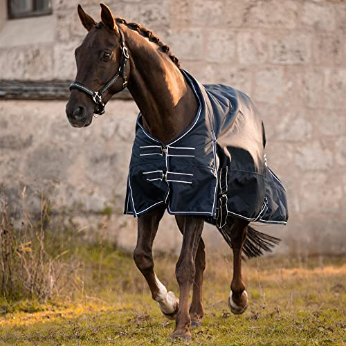 EQUILYX® Regendecke Pferd [perfekte Passform] Weidedecke Outdoordecke Turnout Rug feuchtigkeitsabweisend Winddicht atmungsaktiv (Navy Blau, 145)