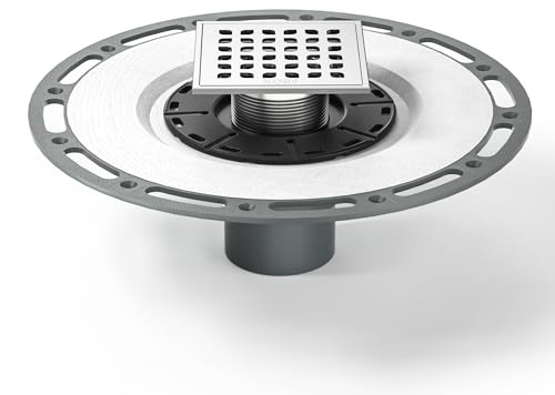 Bernkot Square Shower Drain, 4 Brushed 304 Stainless Steel Drain Grate Removable Drain Key with PVC Bonding Flange Base for Low Profile Shower Floor Tiles, CUPC Certified