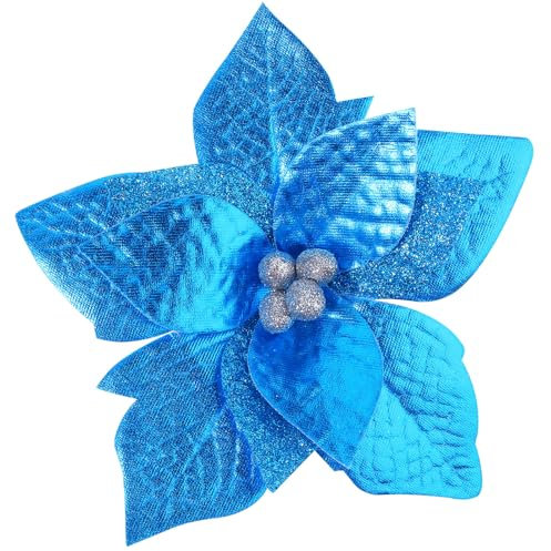 Xinnun 24 Pièces 3 Taille Poinsettia Scintillant de Noël Fausse Fleur de Mariage Décoration Ornement Fleur de Noël pour Sapin de Noël Décoration Extérieure Maison Nouvel an (Bleu)