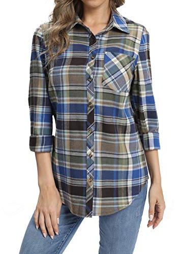 fuinloth Chemisiers et Blouses Femme Chemise en Flanelle Légère à Carreaux et Manches Longues Shirt élégant Tunique avec Poches Bleu XS 34-36