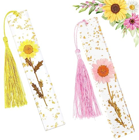 Bookmarks for Women with Tassels NOCHME 2 Pack Epoxy Resin Dried Brightly Colour Real Flower Book Mark with Gold Sprinkles, Unique Transparent Page Reading Marker for Lady Girls,Daisy