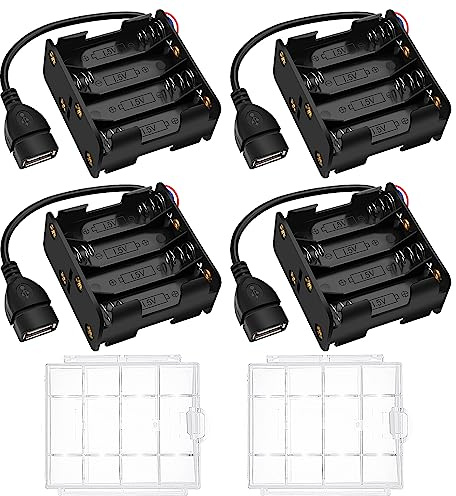 4 Pezzi 8x1.5V AA Supporto Batteria, KUOQIY 12V Portabatteria con Presa USB Femmina, AA Battery Holder, con Custodia Batteria in Plastica