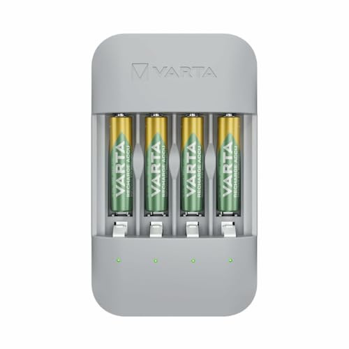 VARTA Akku Ladegerät, inkl. 4X AAA 800mAh, Batterieladegerät für wiederaufladbare AA/AAA Batterien, Eco Charger Pro, Einzelschachtladung, Gehäuse aus 75% recyceltem Material