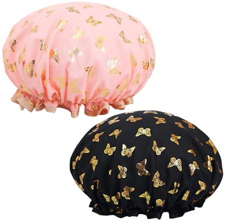 2 Damen Doppelschicht-Duschhauben, Ohrbedeckende Wasserdichte Haarkappen, Gummiband-Elastische Duschhauben, Wiederverwendbar, Geeignet Für Badezimmer Und Spas (Pink, Schwarz)