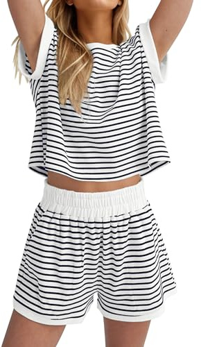 MISSACTIVER 2 Piece Lounge Set Women Stripe Knit Short Sleeve Tee Shirts Shorts Casual Summer Loungewear Shorts Sets