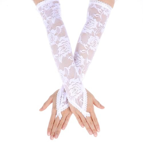 JIEYAO Lange Spitzenhandschuhe, Brauthandschuhe Fingerlose Handschuhe mit Spitze für Frauen Blumenspitze Elastisch Handschuhe Vintage Abendhandschuhe für Hochzeit Party Teeparty Opernparty Kostüm Weiß