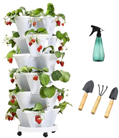 NNYCC 6 Giardino Verticale Vaso per Fiori con Rotelle Mobili,Torre di Fragole Piante Verdure Impilabile per interni ed esterni,Bianca