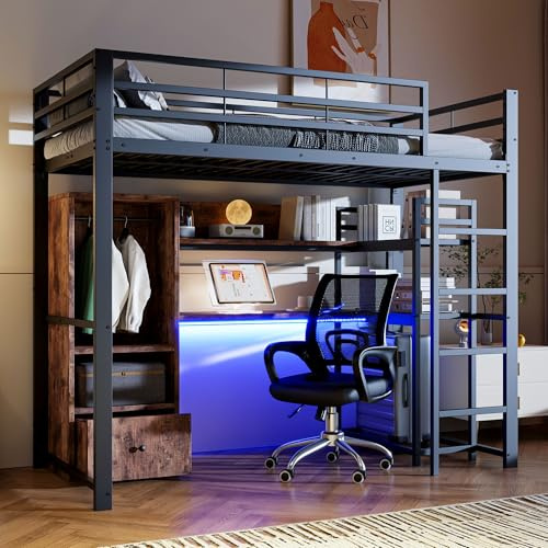 Oxtao Letto a soppalco 90 x 200 cm, letto per ragazzi in metallo con luci a LED e scrivania, con vano portaoggetti e scaffale, con protezione anti-caduta e scala, senza materasso (nero, 90 x 200 cm)