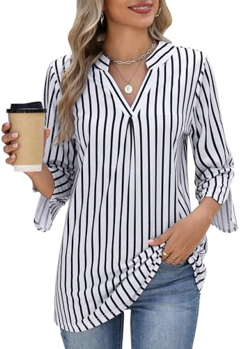 PASUDA Blusa Mujer Elegante Camiseta Manga Larga de Negocios 3/4 Manga Camisas Cuello en V Rayas Sólido Túnica Moda Casual Trabajo Túnica Verano Tops Otoño T Shirts(Rayas,M)