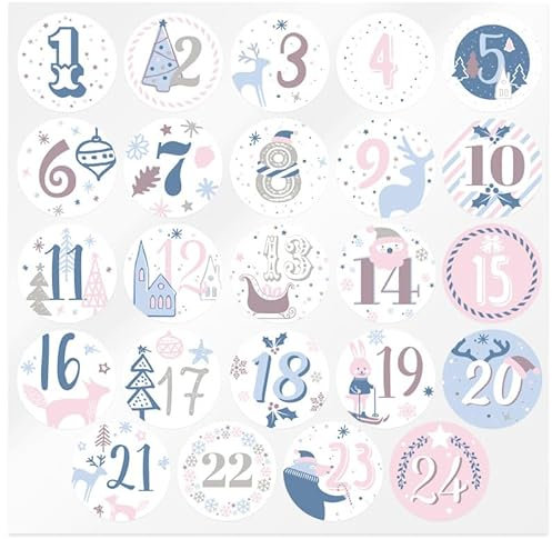 Pegatinas Calendario de Adviento Azules y Rosas | Blíster de 24 Unidades de 3,5 cm | Números del 1 al 24 con Motivos Navideños. Decoración Resistente y de Calidad