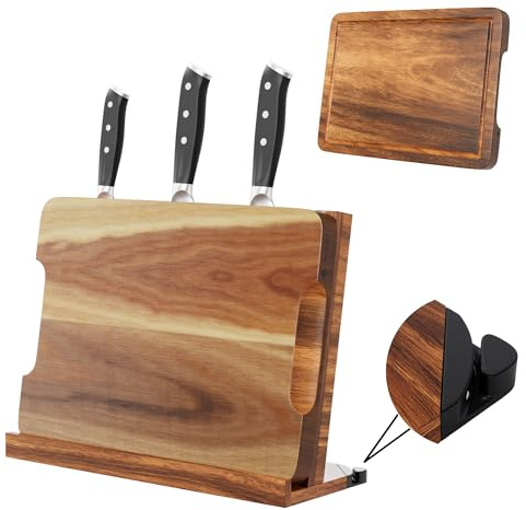 3 in 1 Magnetic Knife Block Stand, 14x10 Cutting Board, Knife Sharpener - Wooden Magnetic Knife Holder - Acacia Display Holder Double Sided Storage Rack Magnets for Knives - No Assembly Required