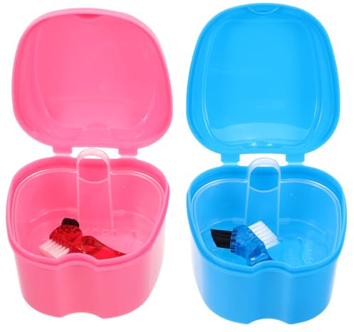 TOYANDONA 2 ensembles Boîte à Dentier Étanche avec Brosse Douce Étui de Rangement Pomme pour Prothèses Dentaires Kit de Voyage Pratique pour Soins Bucco-dentaires