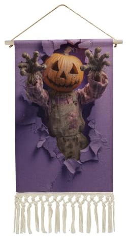 Jubonexis Arazzo da parete in lino, poster vintage da parete con nappa e asta in legno per appendere la testa di zucca spaventapasseri di Halloween