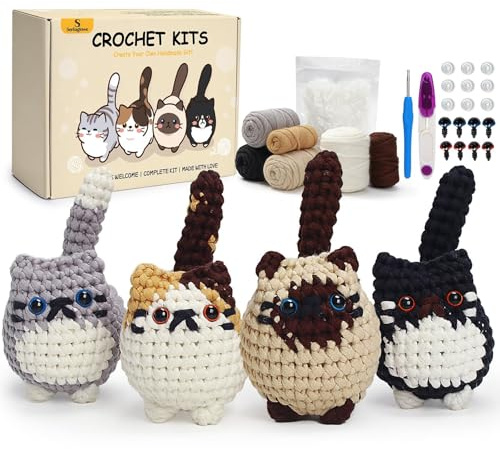 Sereaglowe Crochet Kit for Beginners 4Pcs Cat Beginner Crochet Kit for Adults Crochet Animals Kit with Instructions Easy Crochet Set Knitting Kit Crochet Starter Kit