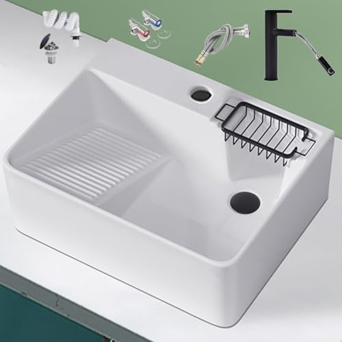 Lavabo de baño con tabla de lavar, Lavabo de cerámica con Grifo extraíble, Lavabo de baño Rectangular sobre encimera, Tocador sobre Encimera(White,590x450x155mm)