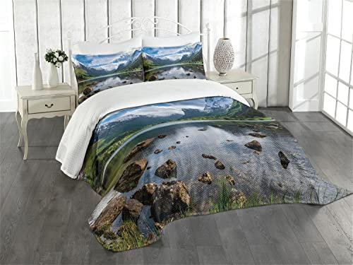 ABAKUHAUS Natur Tagesdecke Set, Fluss Open Sky Norwegen, Set mit Kissenbezügen Sommerdecke, für Doppelbetten 220 x 220 cm, Grün braun Weiß