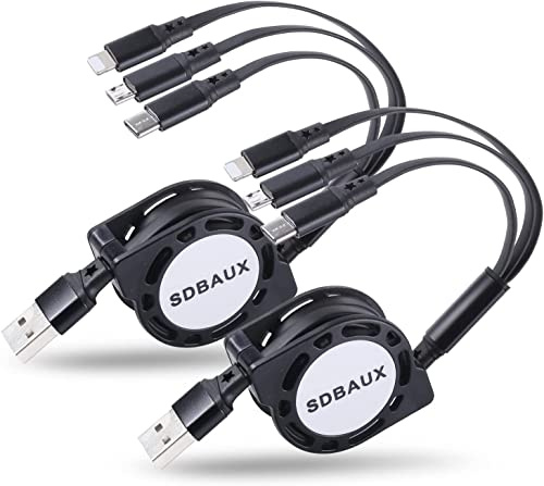 Multi Charger Cable 1M/3A/2Pack, SDBAUX Universal Charge 3 in 1 Retractable USB Fast Charging Cord Lead with iP Micro USB Type C Port, for Samsung Galaxy S25 S24 S20 S9, Sony, Moto, LG, Huawei, Xiaomi