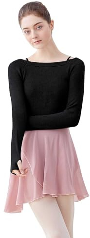 Daydance Kint Black Women Dance Sweater Boat Neck Ballet Warm Up Crop Top for with Thumb Holes, Long Sleeve