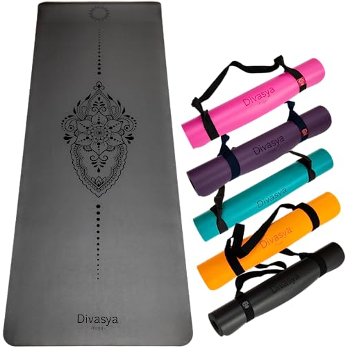DIVASYA Premium Yogamatte rutschfest: Naturkautschuk rutschfest & japanische professional grip Oberfläche | 185x68x0,45cm | Tragegurt | 4,5mm dicke Yoga Matte rutschfest