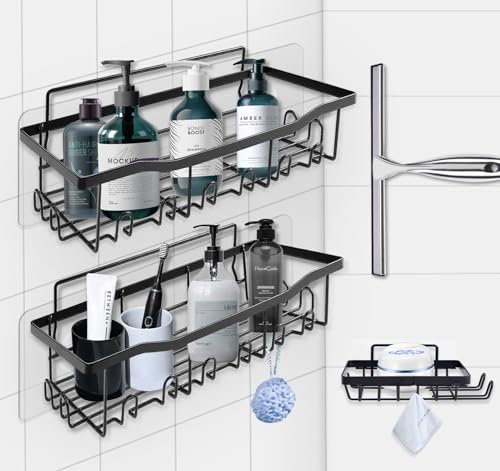 absolove Duschablage ohne Bohren, 3 Stück Badezimmer Organizer Set, Rostfrei Duschregal ohne Bohren mit 1 Duschabzieher und 24 Haken für Badezimmer Küche