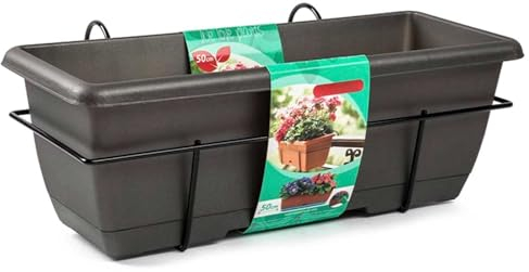 Acan Tradineur - Jardinera para balcón con Plato Integrado y Soporte metálico - Fabricado en plástico - PLFT - Capacidad de 10 L - 17 x 50 x 19,5 cm - Color Antracita