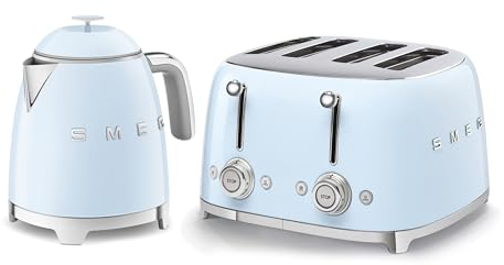 Smeg 50’s Style Retro Range Breakfast Set, 0.8L 1400W Mini Kettle and Multi-Functional Control 4-Slice 2000W Toaster, Pastel Blue, KLF05PBUK/ TSF03PBUK