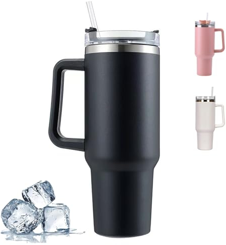 CLHXWU 1 200 ml termisk kaffekopp, dubbelvägg termisk mugg med handtag, resemugg för bil med sugrör och lock, dubbelväggig termosmugg i rostfritt stål (svart)