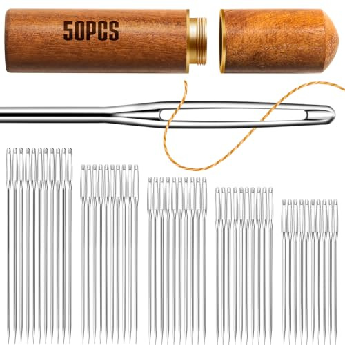 50 st stora ögon-synålar, 5 storlekar sömnadsnålar, lädernål broderitrånål, stora ögon, broderingsnålar i rostfritt stål för handsömnad (spetsiga)