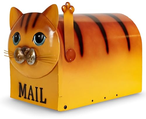 Made Easy Kit Metal Mailbox Animal Design - Fast Straight Forward Post Mounting Bracket Install - Durable All Weather Rust Resistant - Letters, Mail, Small Packages (Standard, Cat Orange)
