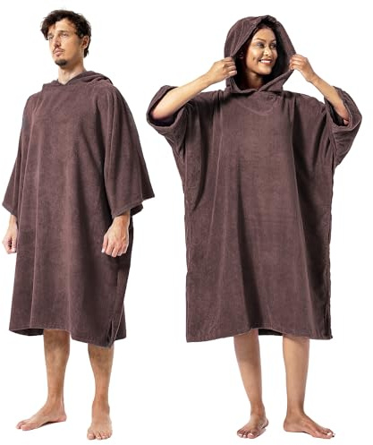 Winthome Poncho Surf Anti-Frío, Microfibra Ayuda de Cambio de Playa, Bata de Baño con Bolsillo y Capucha, Manta poncho para Hombre Mujer, Natación Surf Playas Duchas, Viajes (Rojo parduzco, M)