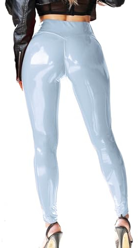 Mstaad Lack-leggings av konstläder för kvinnor, hög midja, rumpa, lyft, lack, konstläder, latex, glänsande byxor, konsertkläder, Ballad blå, XL