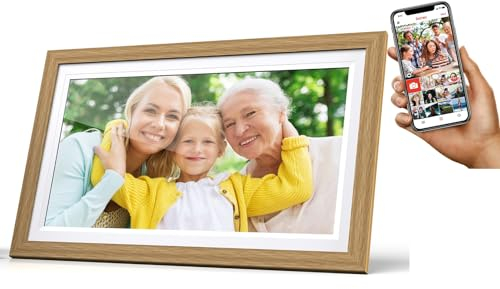 Cytem Digitaler Bilderrahmen 15.6 Zoll mit WLAN & Frameo App, 64GB Speicher, Bewegungssensor, automatische Bilddrehung, IPS Touchscreen 1920x1080, Mittelbraun Holzoptik