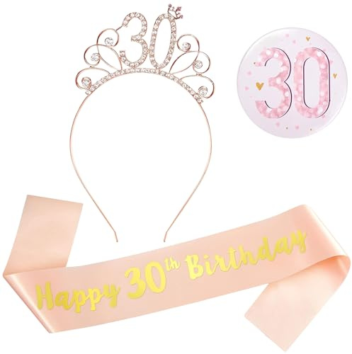 Xrten Set per compleanno Corona Diadema Oro Rosa, Strass Corona con Sash, per Festa Trentesimo