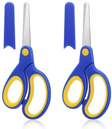 CYZBL 2Pcs Children's Handmade Scissors for School, Small Left Handed Sharp Stainless Steel Blades Scissors with Cover 14.6cm - for Students Craft Cutting Pape