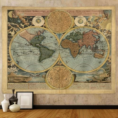 PAOPOED Vintage World Map Tapestry Wall Hanging, Old World Map Antique Nautical Middle Retro Earth Map Tapestries, Historical Wall Art for Men Living Room Bedroom College Dorm Decor, 60X40 Inch
